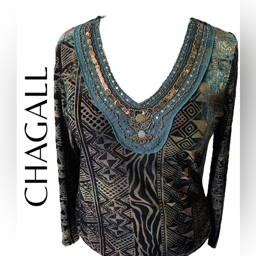 Vintage Unique Chagall Velvet Burnout Brown/Teal Top